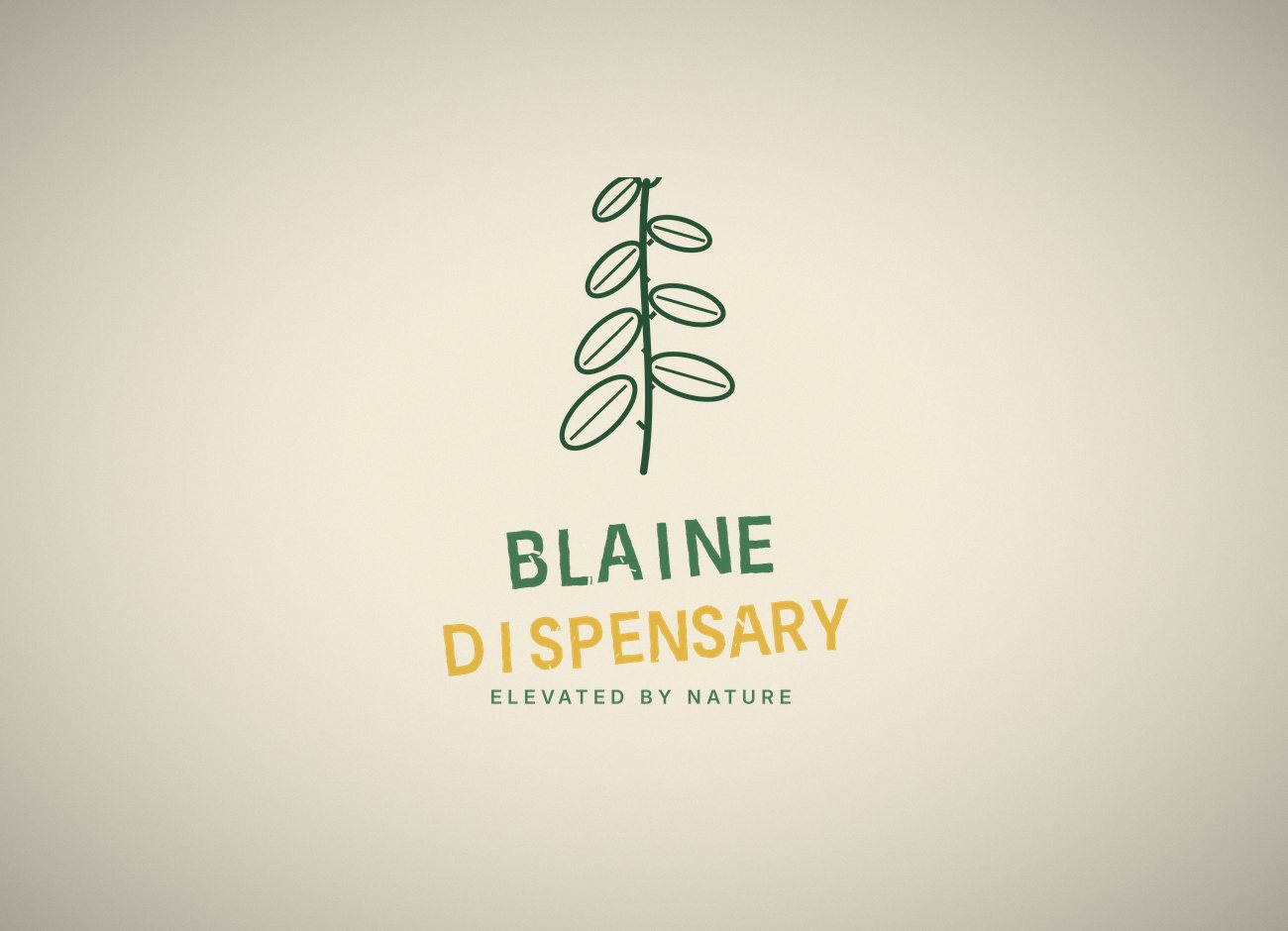 The Blaine Dispensary stacked logo, a botanical sprig over the wordmark
