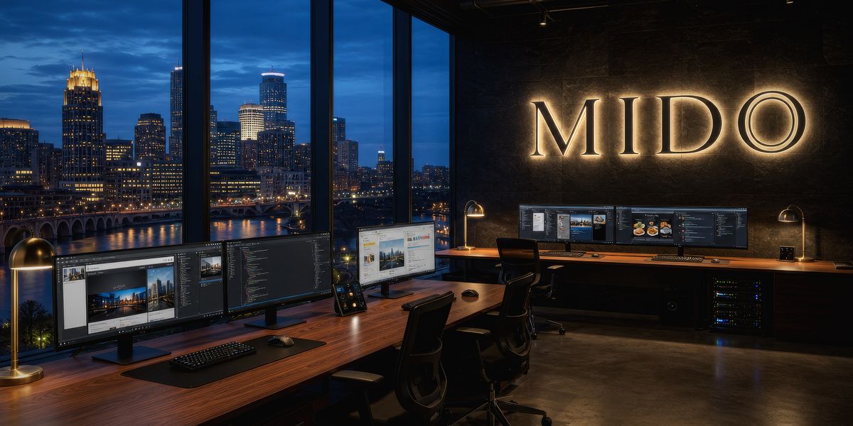 A MIDO studio high above downtown Minneapolis at dusk, the MIDO sign glowing on the back wall over rows of computer workstations